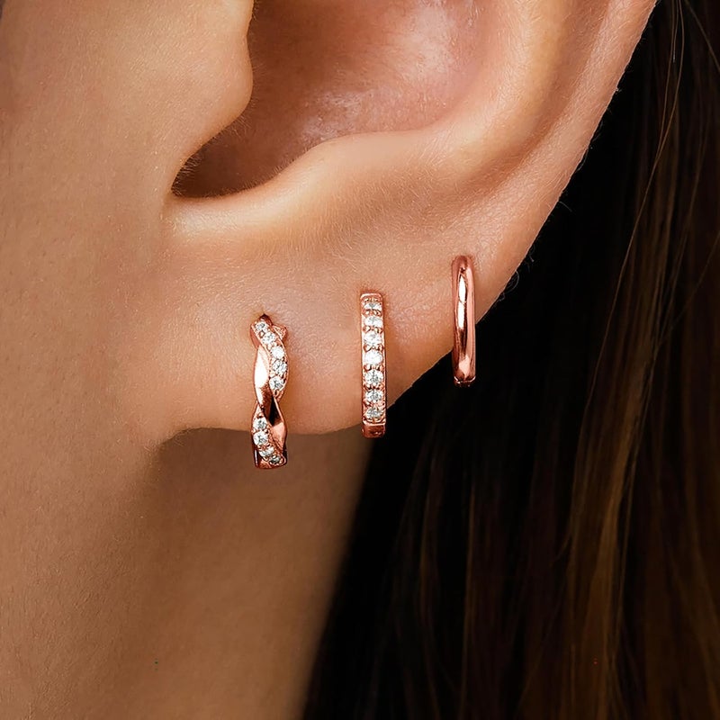 Inerney Gold Huggie Hoop Earrings Set for Women, Dainty Small Sterling Silver Earring Stacks Hypoallergenic Jewelry for Multiple Piercings, Trendy Twisted Cute Cartilage Hoops Birthstone Gift 3 Pairs - Image 2